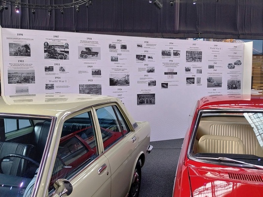 Wandtafel zur japanischen Automobilproduktion – Sonderausstellung "Big in Japan" in der Autoworld Brüssel