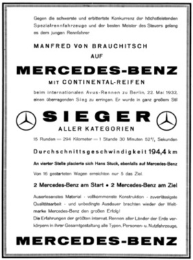 Werbeplakat von Mercedes-Benz anlässlich Manfred von Brauchitschs Siegs beim "Internationalen Avus-Rennen zu Berlin" 1932