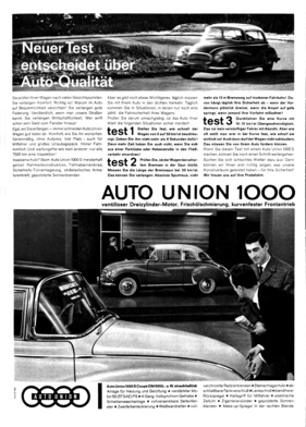 Werbung für den Auto Union 1000 S im Jahr 1960 - Neuer Test entscheidet über Autoqualität