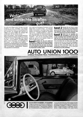 Werbung für den Auto Union 1000 S im Jahr 1960 - Wofür sind schlechte Strassen gut