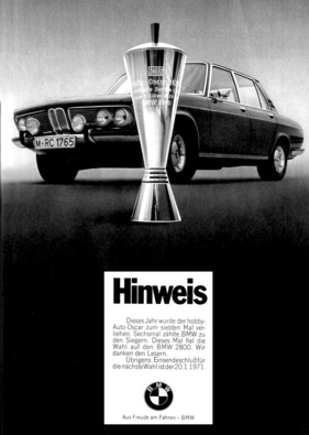 Werbung für den BMW 2800 in der Zeitschrift 'hobby' im Jahr 1970