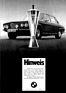 Werbung für den BMW 2800 in der Zeitschrift 'hobby' im Jahr 1970