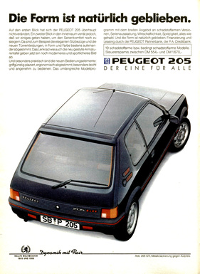 Werbung für den Peugeot 205 GTI im Jahr 1987 - Die Form ist natürlich geblieben (1987)