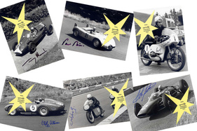 Wertvolle Rennbilder mit Autogrammen von Carlo Ubbiali, Cliff Allison, Geoff Duke, John Surtees, Paul Frère und Tony Marsh
