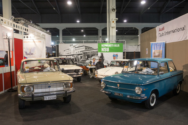 Welcome to NSU - Club stand with NSU Prinz, NSU 1200 CC and an Audi 50 (in the background) - Auto e Moto d'Epoca in Padua 2017