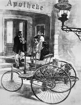 Zeitgenössische Darstellung - Bertha Benz und ihre Söhne beim Tanken auf der Fernfahrt von Mannheim nach Pforzheim Zeitgenössische Darstellung - Bertha Benz und ihre Söhne beim Tanken auf der Fernfahrt von Mannheim nach Pforzheim