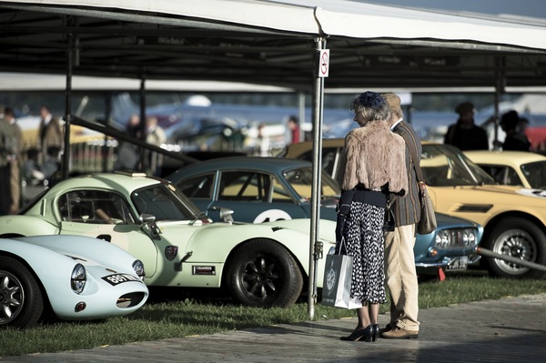 Spectators at the Inspition of fast English plastic sports cars of the Ginetta brand - Goodwood Revival 2014