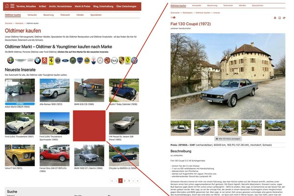 Bild: Zwischengas Fahrzeugmarkt: Einstiegsseite und Einzelinserat