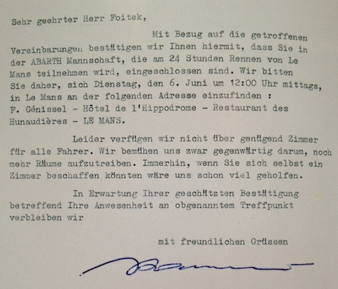Brief von Abarth an Karl Foitek