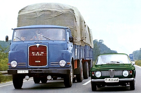 Alfa Romeo Giulia Sprint GT von 1966 auf der Autobahn - Abbildung aus einer Verkaufsbroschüre