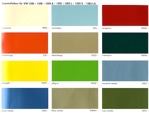 Farbpalette für den VW Käfer 1200 und 1300 im Jahre 1973
