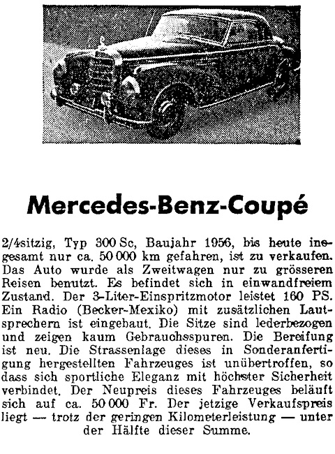 Inserat aus einer AR des Jahres 1961 - Mercedes Benz 300 SC von 1956 zu verkaufen