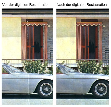 Ausschnitt aus dem Lamborghini 350 GT Prospekt vor und nach der Restauration