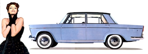 Fiat 1800 von 1959 - Verkaufsprospektabbildung mit Frau und Auto