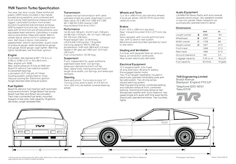 Prospekt-Hinterseite - TVR Tasmin Turbo von 1982