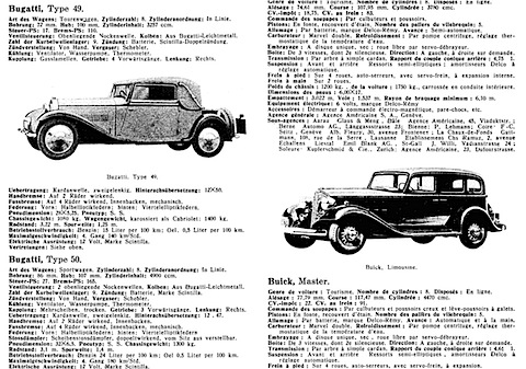 Katalogseite mit Fahrzeugdetails in der Illustrierten Automobilrevue von 1933