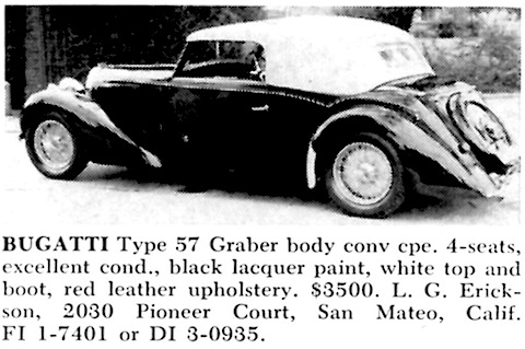 Inserat Bugatti 57 mit Graber-Karosserie im Jahr 1962