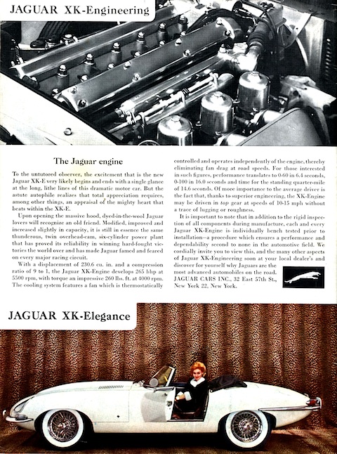 Werbung für den Jaguar E-Type in Road & Track im Jahr 1962 - jeweils Rückseite