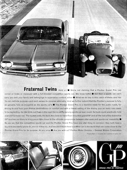 Pontiac Grand Prix wird in der Werbung von 1962 mit dem Lotus Seven verglichen