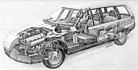 Schnittzeichnung durch das Uni-Car - Forschungsauto 2000 - im Verkehrszentrum des Deutschen Museums in München