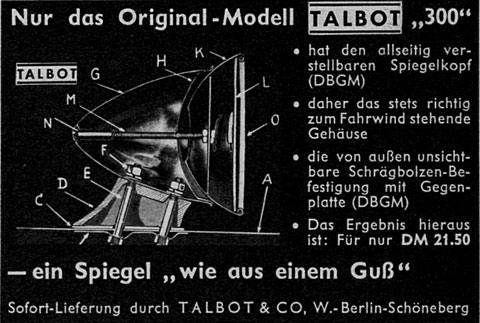 Werbung für Talbot Spiegel im Jahr 1961