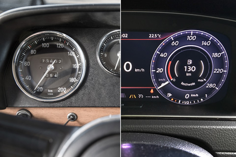 Instrumente im BMW 2000 von 1971 und VW Golf GTI von 2017 (Zündung ein)