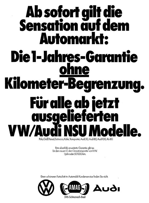 Ganzseitiges Inserat zum Thema Neuwagen-Garantie im Jahr 1975