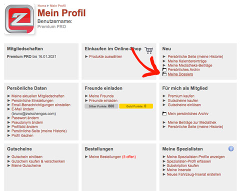 Dossier im persönlichen Profil auf Zwischengas