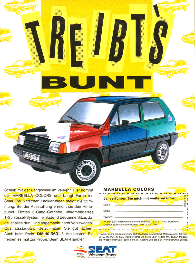 Werbung für den Seat Marbella Colors im Jahr 1992