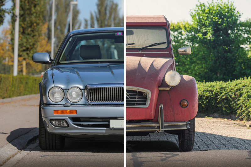 Jaguar XJ6 3.2 von 1997 versus Citroën 2 CV von 1990 (© Bruno von Rotz und Bonhams)