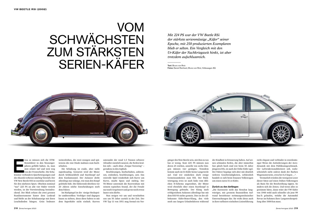 Zwischengas Jahresmagazin 2023 - Artikel VW Beetle RSi versus VW Käfer 1951