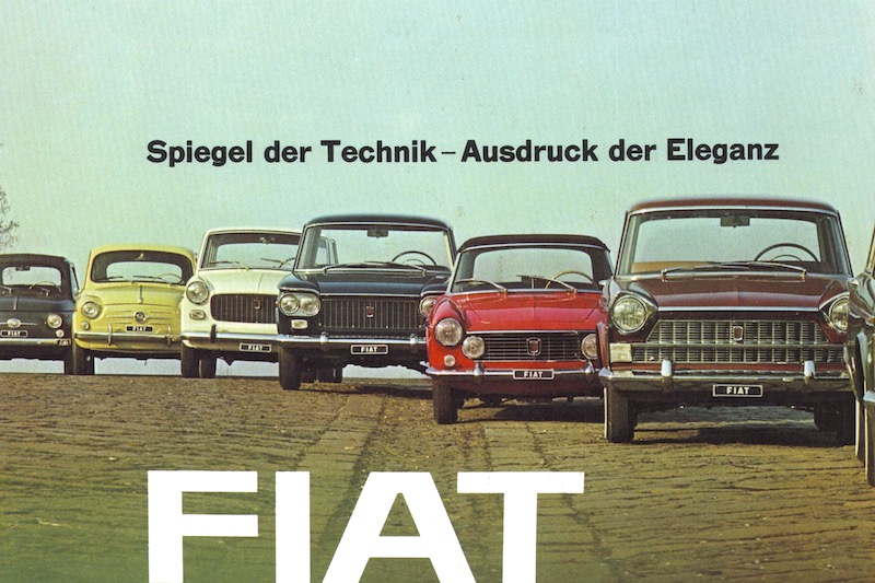 Von links: Fiat 500, Fiat 600, Fiat 1100 D, Fiat 1300, Fiat 1500 Cabriolet und Fiat 1800