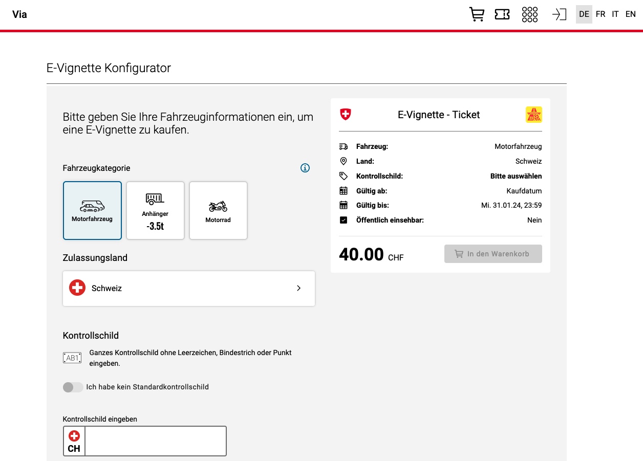 E-Vignette - Shop Eingaben