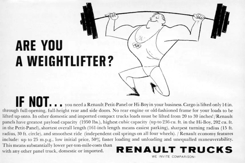 Renault Petit-Panel (1960) – US-amerikanische Werbeanzeige, die Fragt "Sind Sie ein Gewichtheber?"