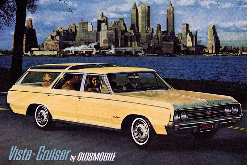 Oldsmobile Vista Cruiser (1965) – Werbemotiv vor der Skyline von New York City