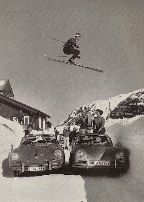 Gesamtaufnahme - Skifahrer überspringt Porsche 356 Paar