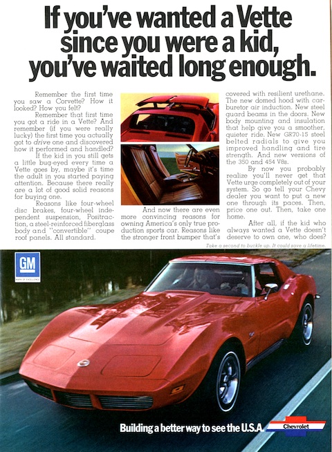 Werbeinserat für die Chevrolet Corvette C3 im Jahr 1973 in Road and Track