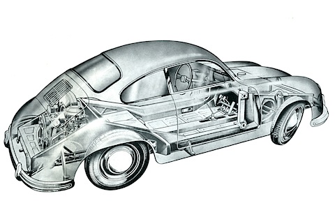 Porsche 356 im Prospekt von 1955 - Durchsichtszeichnung