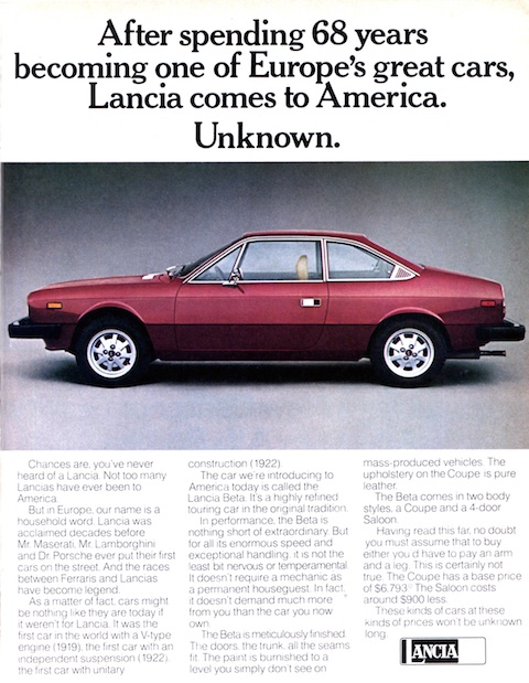 Lancia-Inserat in US-Autozeitschrift im Jahr 1975