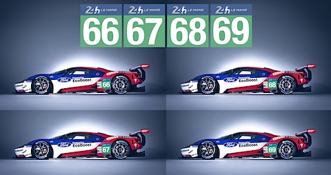 Ford GT in Le Mans im Jahr 2016 mit Startnummern 66, 67, 68, 69