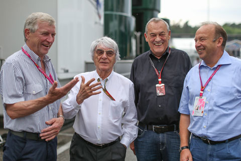 Peter Voll, Bernie Ecclestone, Paul Rosche und Raimund Kupferschmid bei ihrem letzten gemeinsamen Treffen anlässlich des GP Hockenheim 2014 (© Daniel Reinhard)