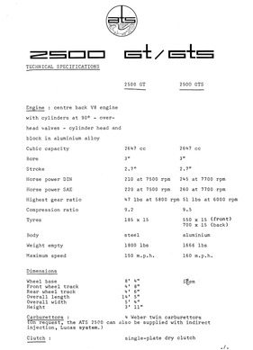 ATS 2500 GT u. GTS - technische Daten (engl., 1964)
