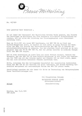 BWM 700 RS - Pressemitteilung (1961) BWM 700 RS - Pressemitteilung (1961)