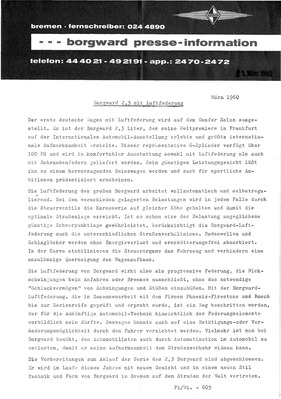 Borgward P 100 mit Luftfederung - Pressemitteilung (1960) Borgward P 100 mit Luftfederung - Pressemitteilung (1960)