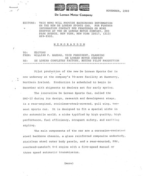 Communiqué zur Ankündigung des Produktionsbeginns des De Lorean DMC-12 (1980) Communiqué zur Ankündigung des Produktionsbeginns des De Lorean DMC-12 (1980)