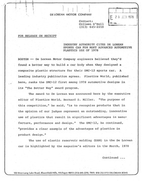 De Lorean Communiqué von 1979 - Award für Konstruktionstechnik De Lorean Communiqué von 1979 - Award für Konstruktionstechnik
