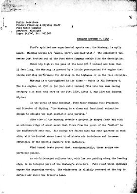 Ford Mustang – Presseinformation 1962 Ford Mustang – Presseinformation 1962