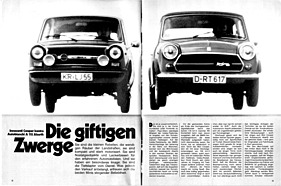 Innocenti Mini kontra Autobianchi A 112 Abarth - die giftigen Zwerge - HObby 26/1974 - Seiten 12 und 13 Innocenti Mini kontra Autobianchi A 112 Abarth - die giftigen Zwerge - HObby 26/1974 - Seiten 12 und 13