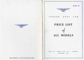 Jaguar-Preisliste aller Modelle (1962) - Vorderseite Jaguar-Preisliste aller Modelle (1962) - Vorderseite