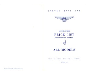 Jaguar-Preisliste aller Modelle (1966) - Vorderseite Jaguar-Preisliste aller Modelle (1966) - Vorderseite